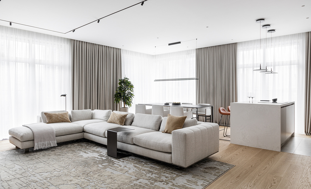 Портьеры Decortier на ручной складке 1,8 и тюль на ручной складке 2,5 в проекте гостиной-кухни. Дизайнер: Александра Суханова. Фото: Сергей Волокитин.