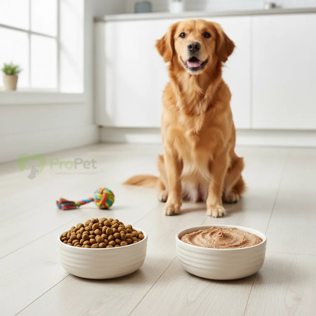 Две миски для собаки: одна с сухим кормом, другая с влажным паштетом