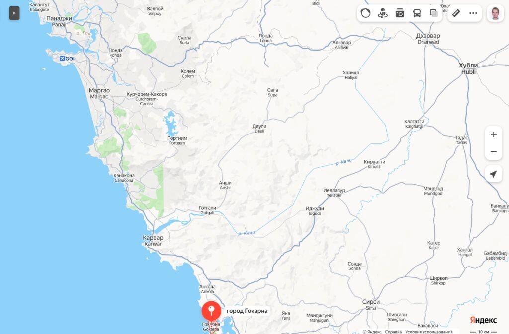 Яндекс-карта: от Панаджи до Гокарны "по прямой" - примерно 120 км