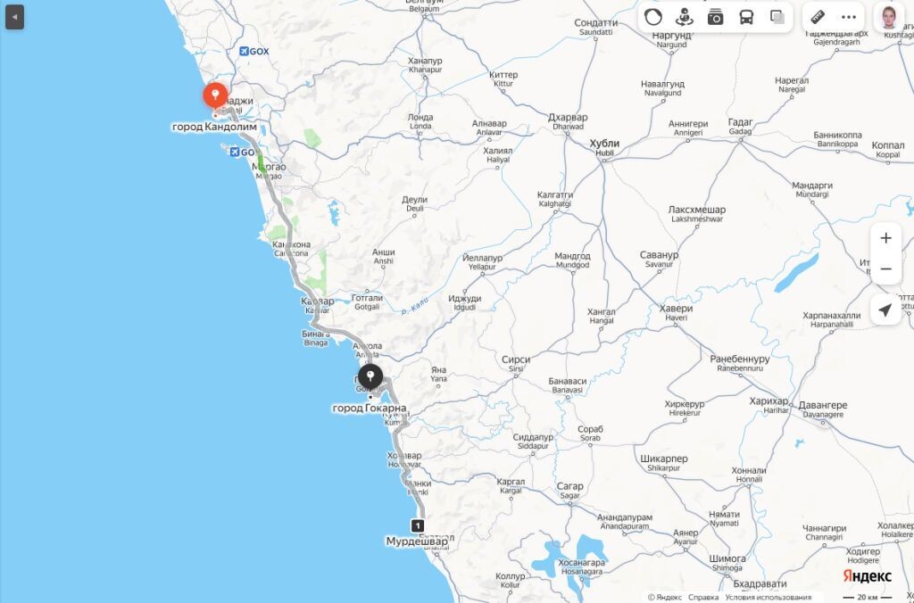 Яндекс-карта: маршрут экскурсии Северный Гоа - Мурдешвар - Гокарна