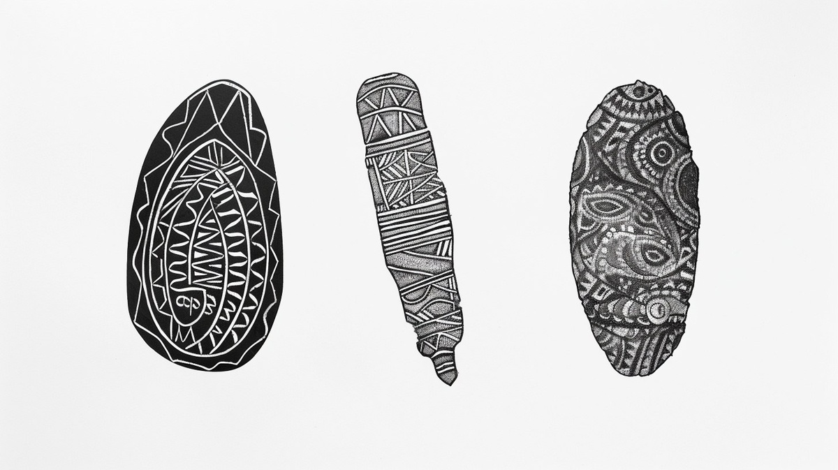 Слева ритуальный камень с насечками. В центре раковина, измененная резчиком. Справа - ритуальный камень с рисунками.   