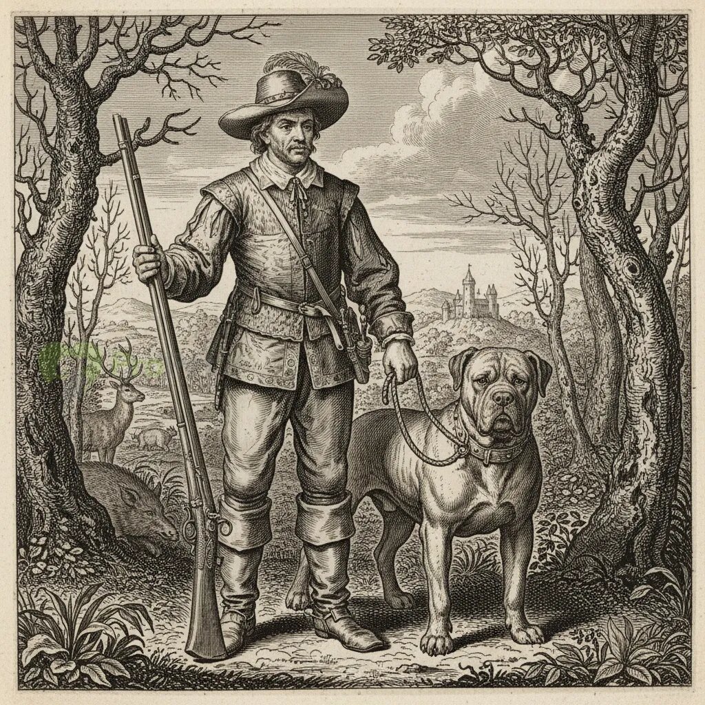 Историческая гравюра, изображающая егеря с крупной собакой типа бульмастиф.