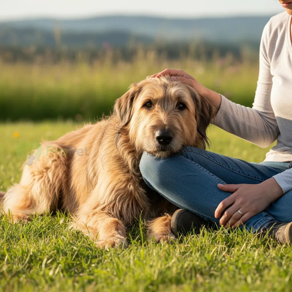 Бриар лежит на траве рядом с хозяином, положив голову ему на колени