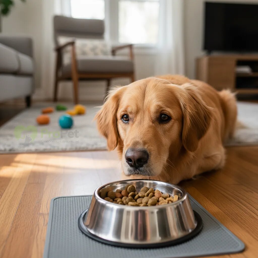Собака с интересом смотрит в свою миску с кормом
