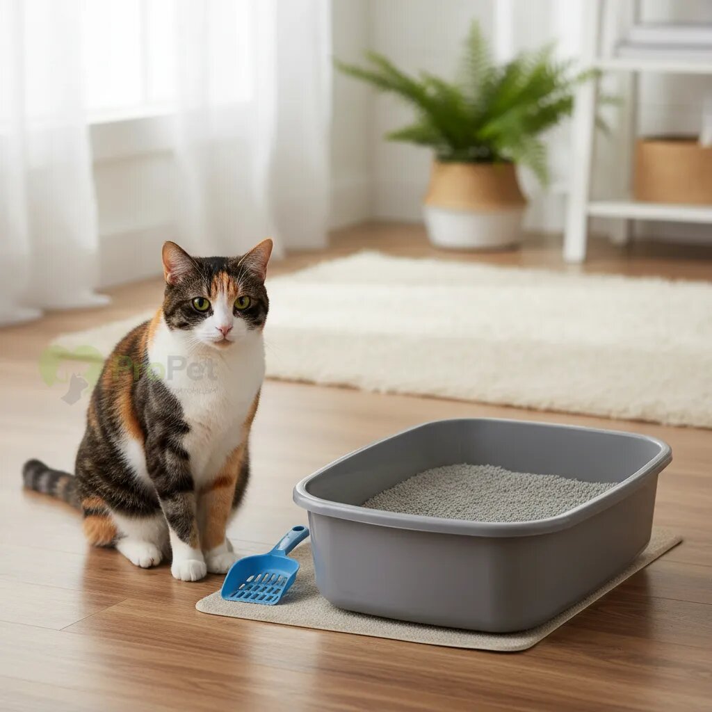 Кошка сидит рядом с чистым кошачьим лотком с наполнителем