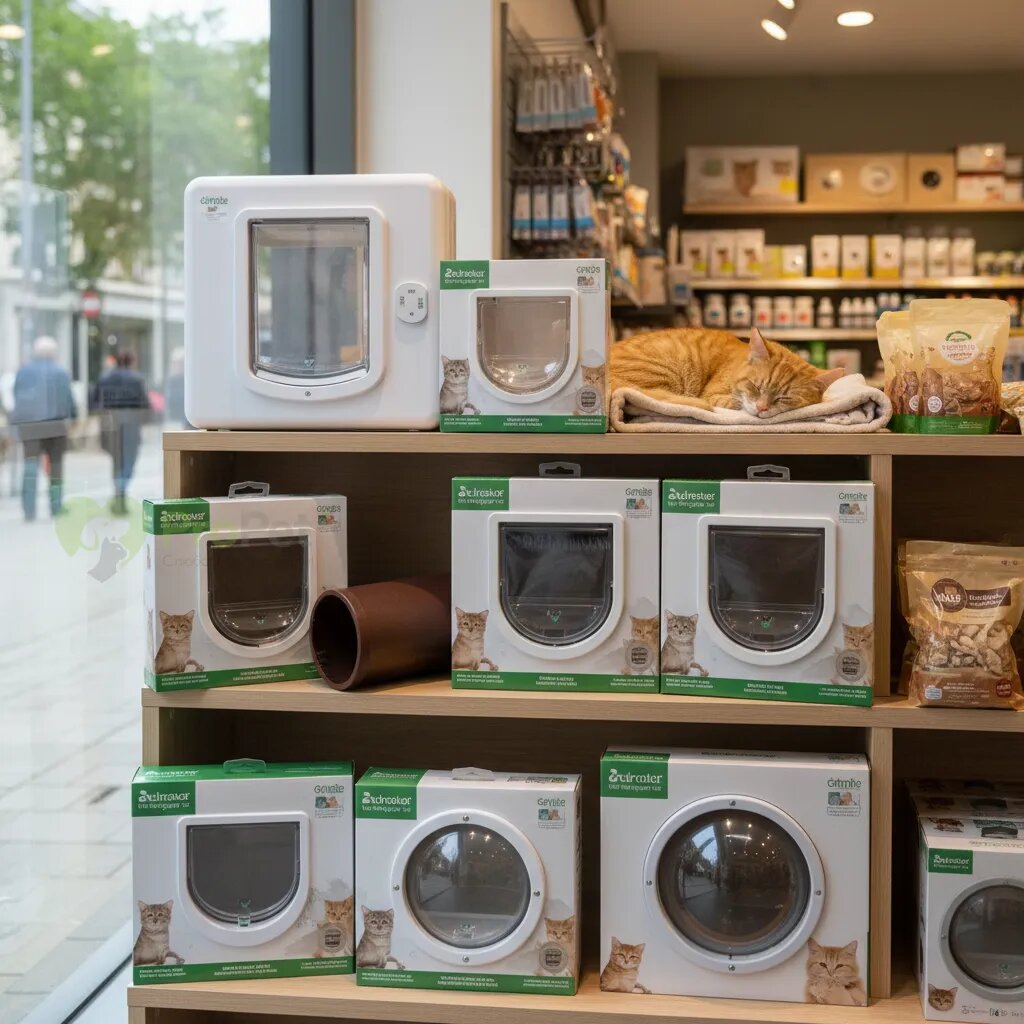 Различные типы дверец для кошек на витрине зоомагазина