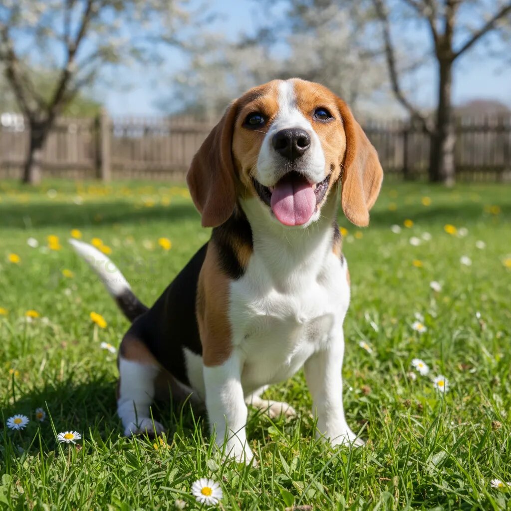 Счастливый щенок породы бигль сидит на траве