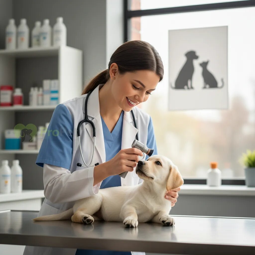 Ветеринар осматривает маленького щенка лабрадора