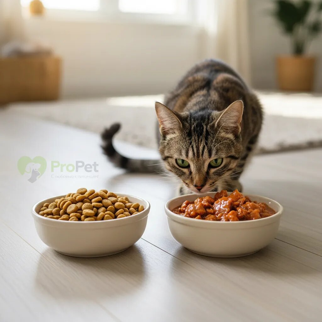 Две миски с сухим и влажным кошачьим кормом
