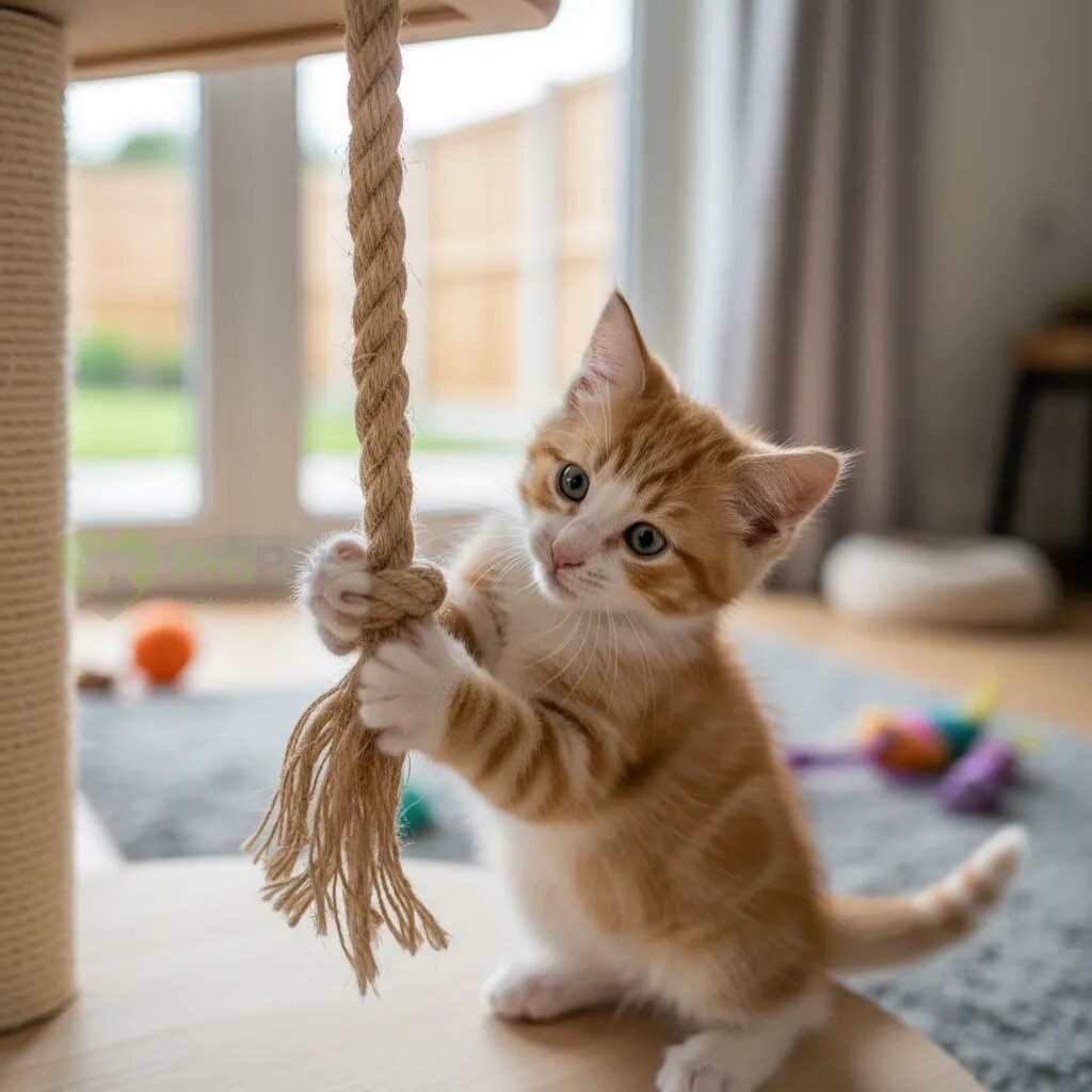 Маленький котенок играет с веревочкой