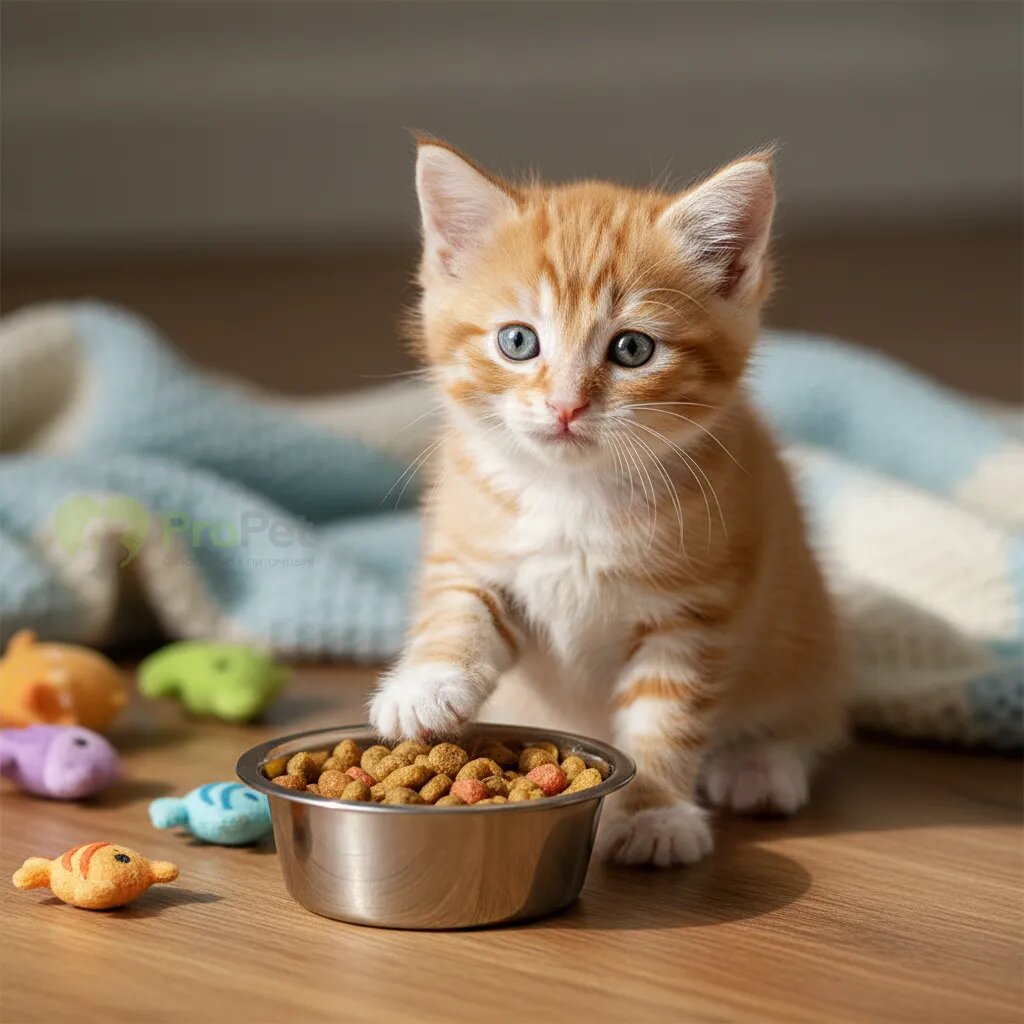 Маленький котенок рядом с миской с едой