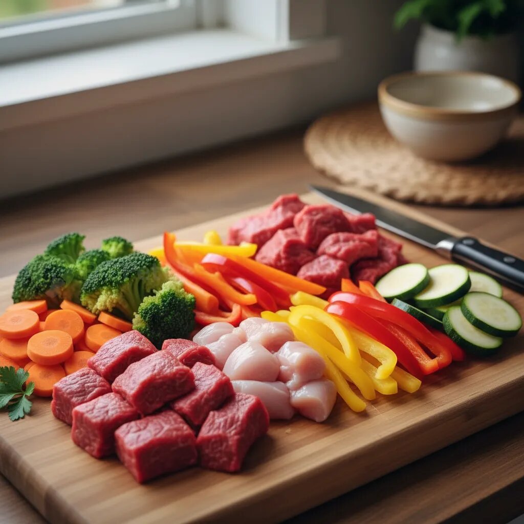 Кусочки сырого мяса и овощей на разделочной доске