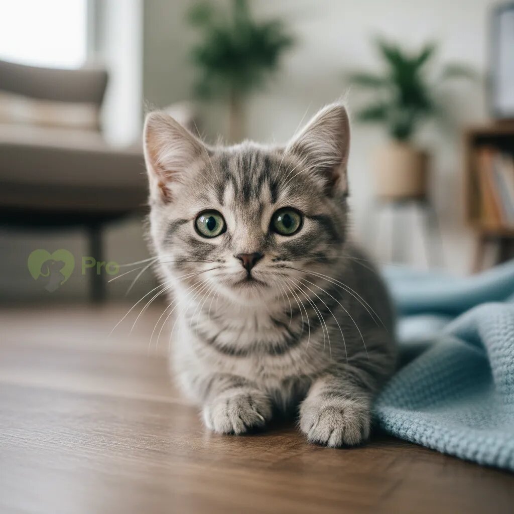 Маленький серый котенок смотрит в камеру с любопытством