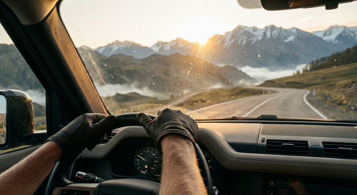 Вид из салона автомобиля на горную дорогу России на рассвете, атмосфера автопутешествия.