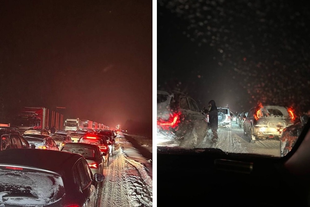    Пробка на федеральной трассе М-8 "Холмогоры" растянулась на 23 км. / Фото: Соцсети