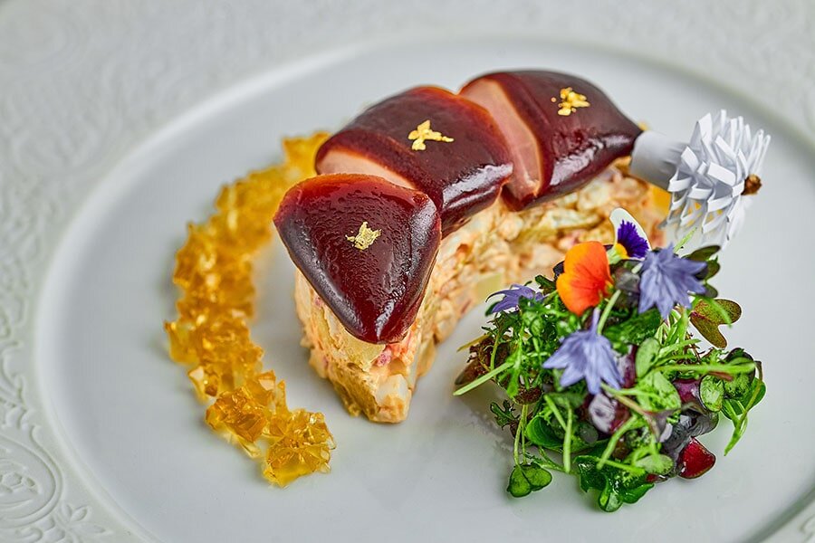 Шофруа из перепелов с салатом оливье, сет «Эрмитаж», «Кафе Пушкинъ»