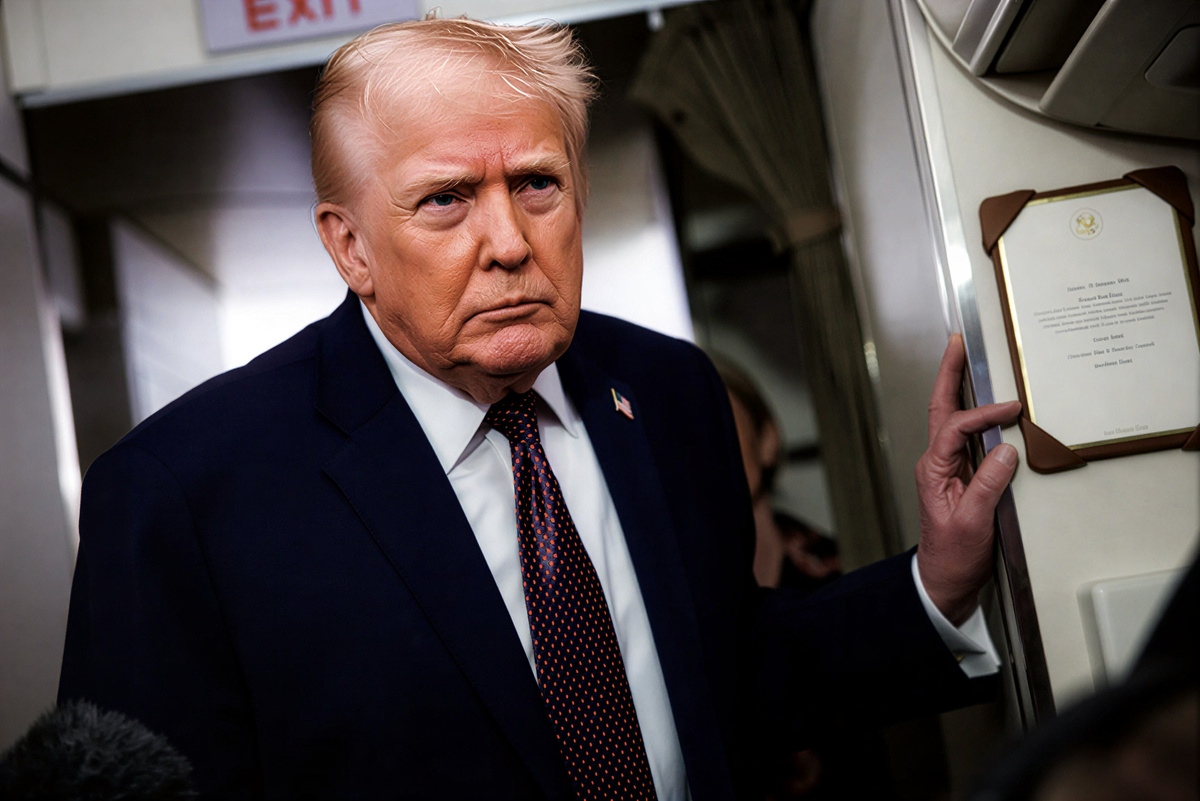 Президент Дональд Трамп отвечает на вопросы представителей прессы на борту самолета Air Force One 11 января 2026 года по пути обратно в Белый дом из Палм-Бич, Флорида | Samuel Corum/Getty Images