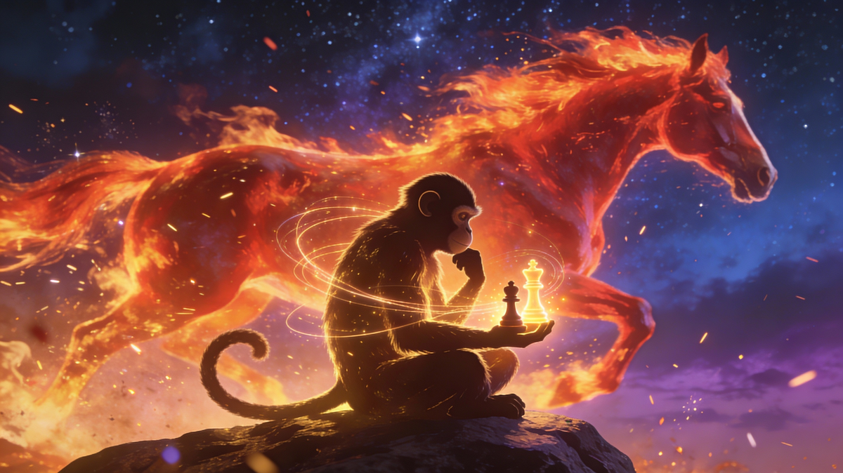 Обезьяна просчитывает ходы, пока Огненная Лошадь мчится вперед 🐵🔥