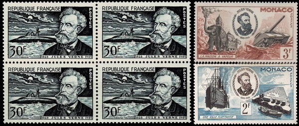 Слева квартблок почтовых марок Франции 1955 г. (Михель № 1051). Справа - почтовые марки Монако 1955 г. (Михель, №№ 513, внизу и 514 вверху). Коллаж автора