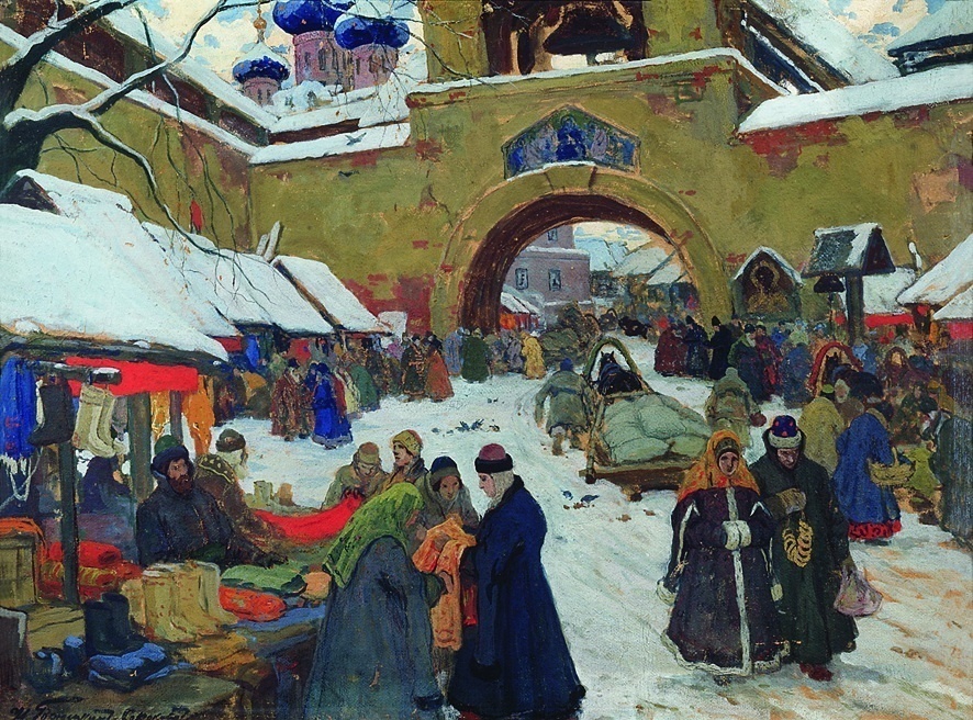 "Базарный день в старом городе", 1910-е, картон, пастель, темпера, 73 х 98 см. Пензенская областная картинная галерея им. К.А. Савицкого
