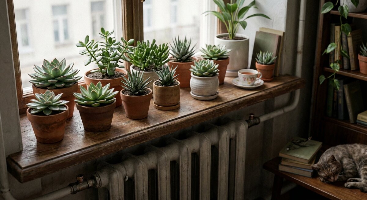 Зимующие суккуленты на подоконнике