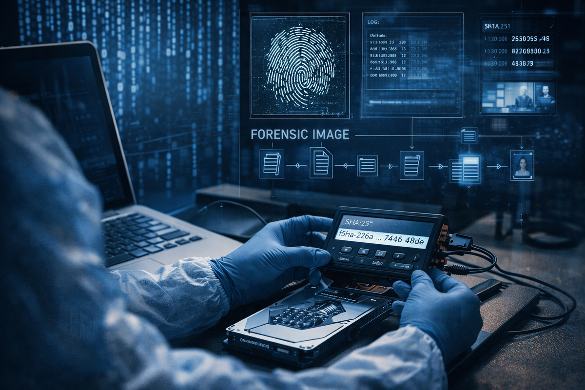 Эксперт создаёт forensic-образ диска и сверяет хеш-сумму SHA-256, рядом схематично показаны логи, метаданные и цепочка хранения доказательств.