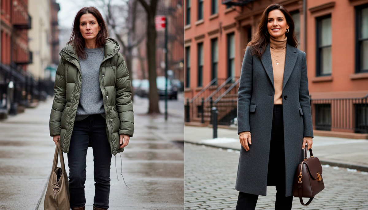 Две женщины, один и тот же бюджет, две разных истории. Слева — дешевая синтетика, неправильное сочетание, женщина выглядит обычно. Справа — правильная палитра, структурированное пальто, золотые украшения, женщина сияет. Разница не в цене вещей, а в гармонии цветов!