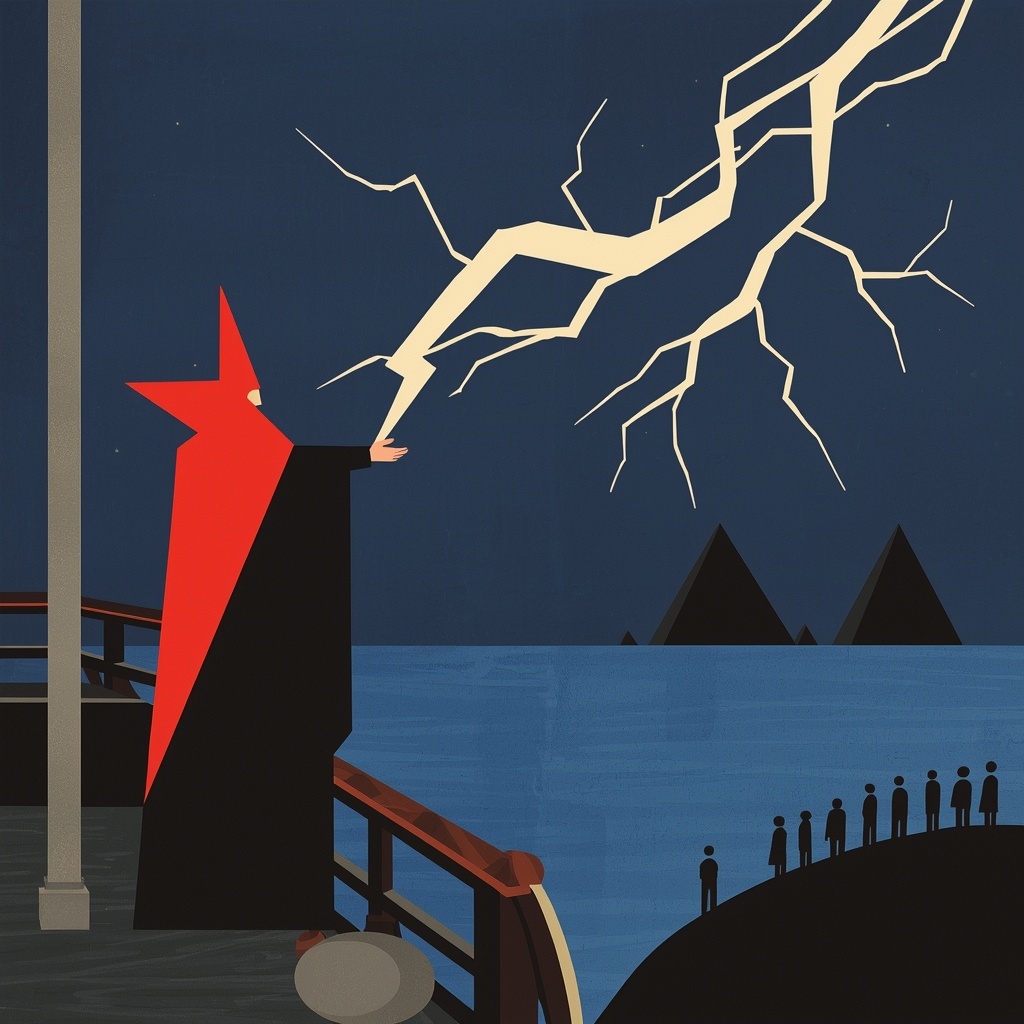 Элианох произносит заклинание «молния», «берег», «убить», «всех», «кроме», «Сотирис» в шестой главе романа «Где дуб шепчет». Иллюстрация: Leonardo.AI