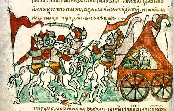 Воины князя Игоря Святославича захватывают половецкие вежи. Миниатюра
из Радзивилловской летописи. XV век