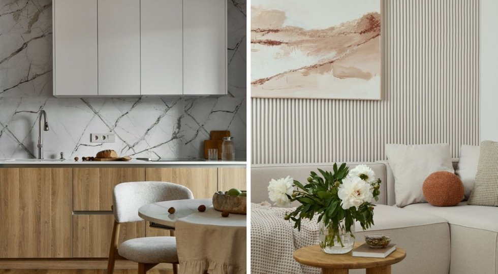 Однушка 42 м² в монохромной гамме: микс фактур, натуральных материалов и элементов ручной работы