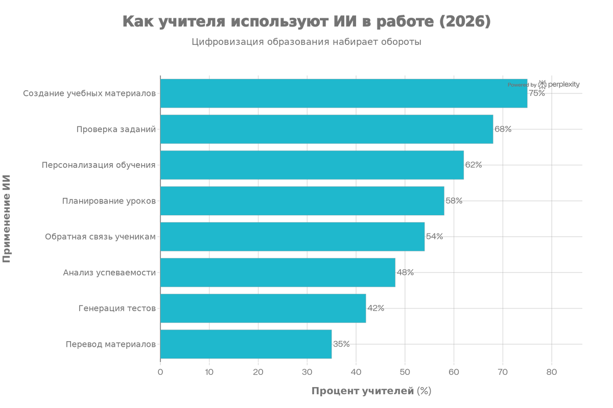 Диаграмма использования ИИ-инструметов учителями по различным задачам на начало 2026  