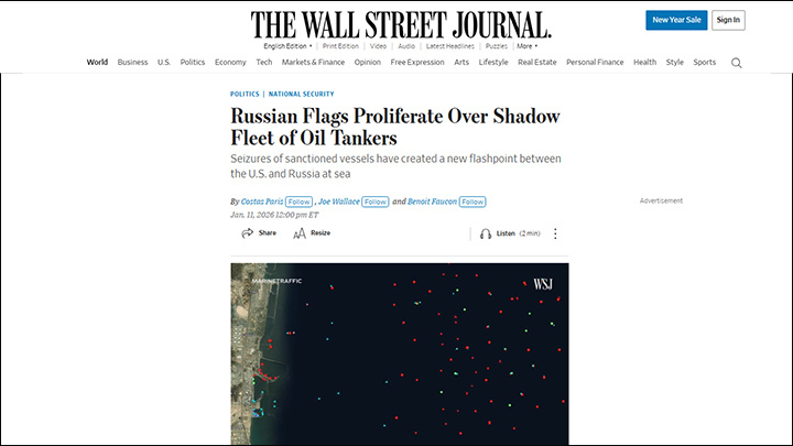    Русские флаги заполонили теневой флот нефтяных танкеров, пишет The Wall Street Journal. Скриншот: WSJ