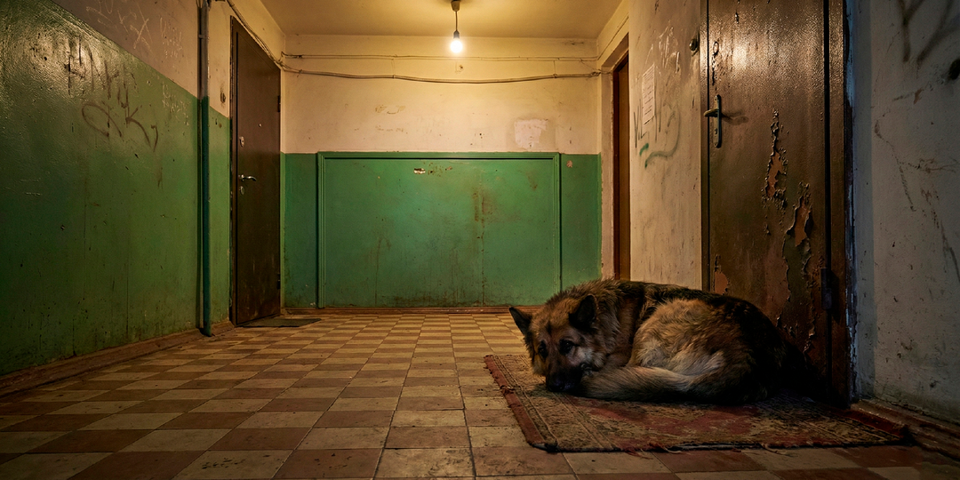 Я купил квартиру, а утром нашел под дверью её настоящего хозяина». Соседка рассказала, почему этот пес воет здесь уже месяц