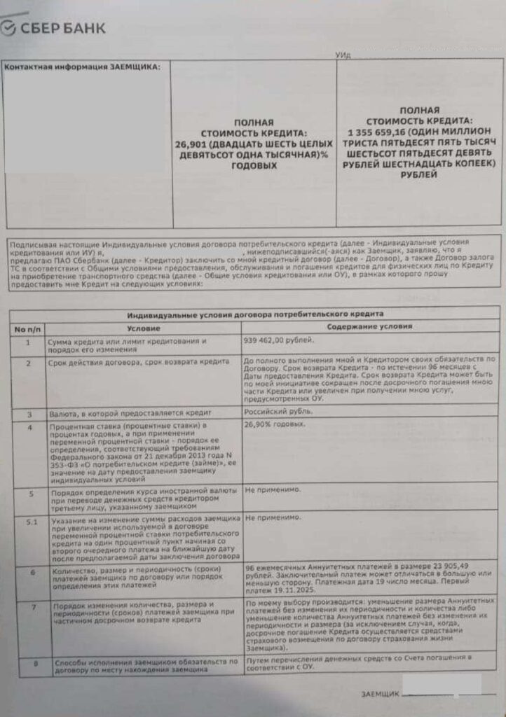 
Кредитный договор от ПАО "Сбербанк"