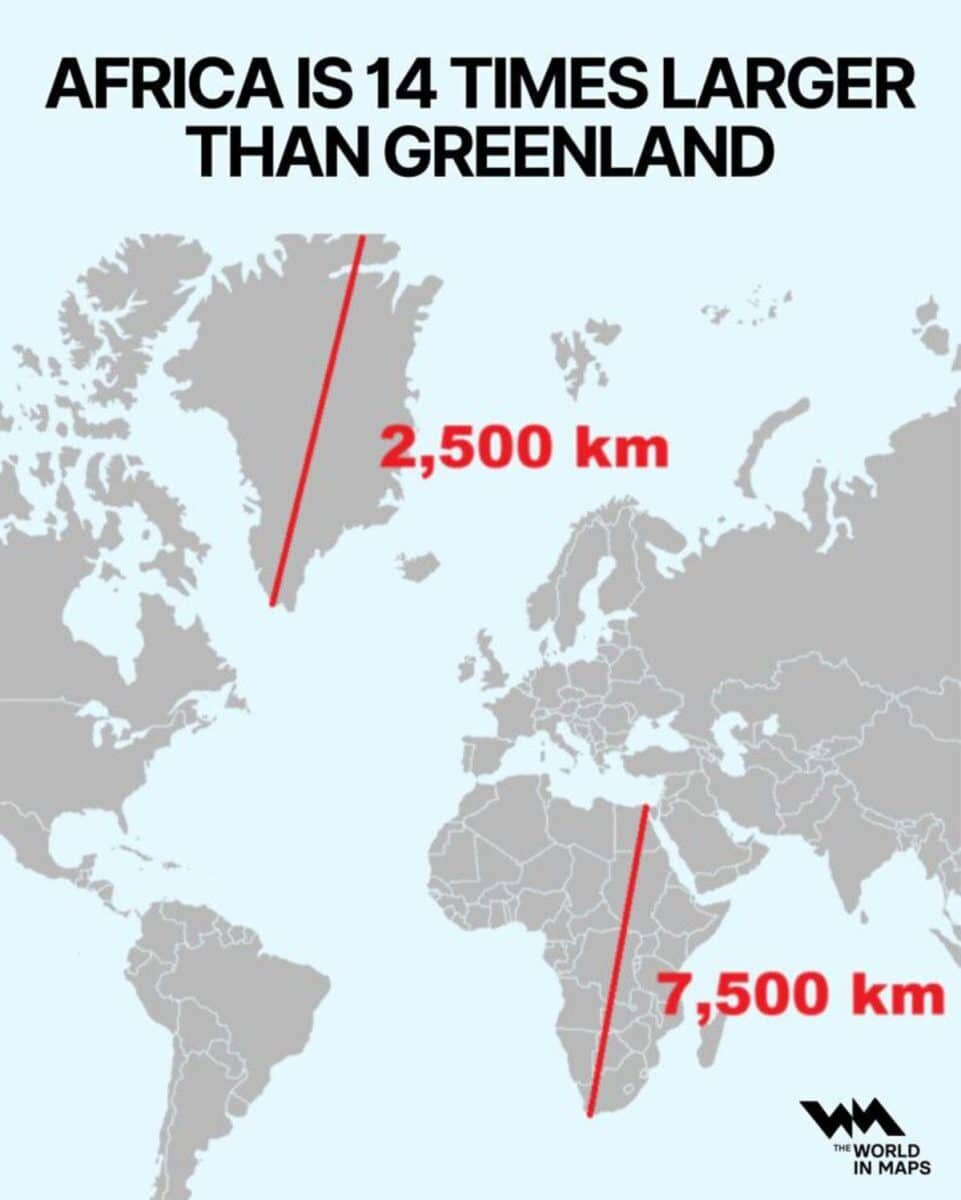    Сравнение размеров Африки и Гренландии / © World Visualized