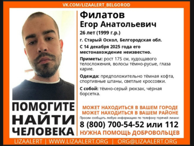     В Старом Осколе ищут молодого мужчину, фото: скриншот со страницы vk.com/lizaalert_belgorod