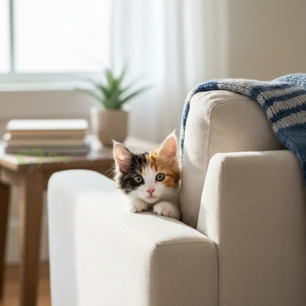 Маленький любопытный котенок выглядывает из-за дивана