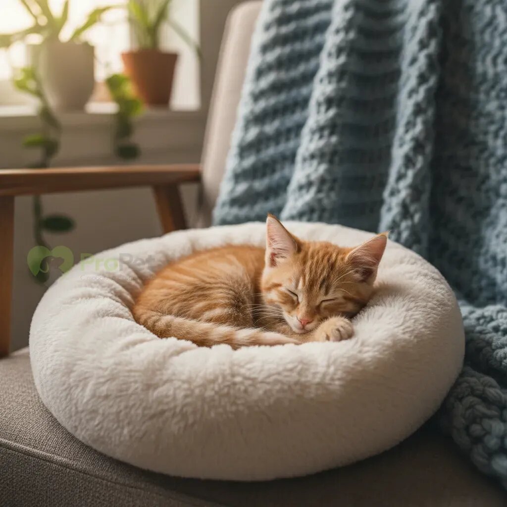 Котенок спит в уютной лежанке