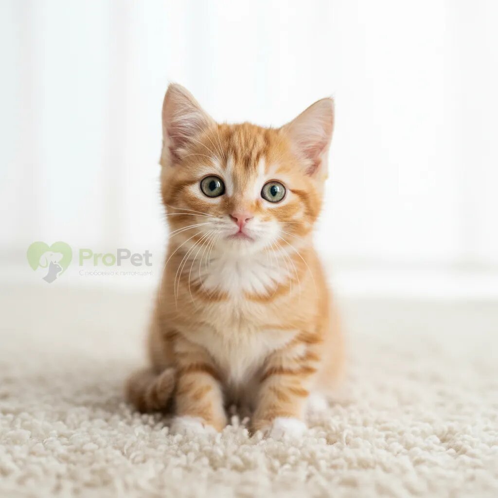 Маленький котенок с любопытством смотрит в камеру, сидя на светлом фоне.