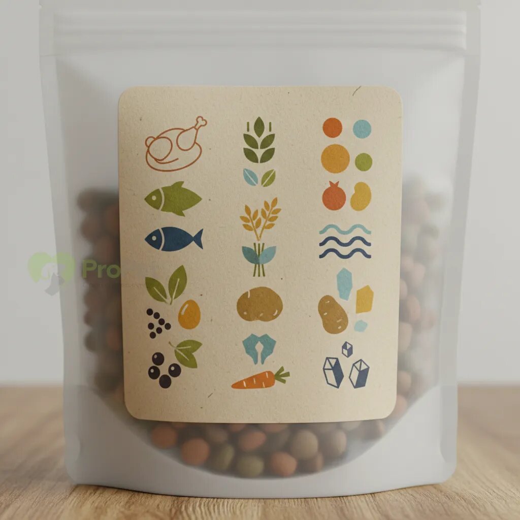 Крупный план этикетки сухого корма с перечислением ингредиентов.