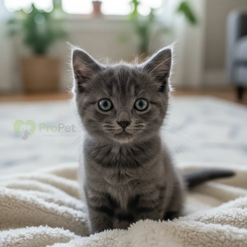 Маленький серый котенок смотрит в камеру с любопытством