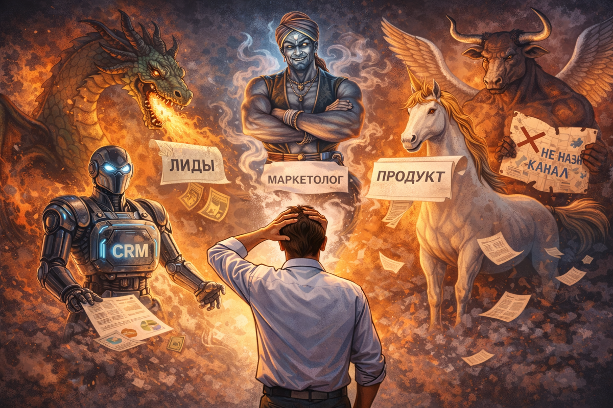 Иллюстрация отражает распространённые маркетинговые мифы, с которыми сталкивается бизнес: вера в «волшебные лиды», автоматизацию, маркетолога как универсальное решение и продукт, который «продаёт себя сам». Образ подчёркивает конфликт между ожиданиями предпринимателей и реальной работой маркетинга как системы.