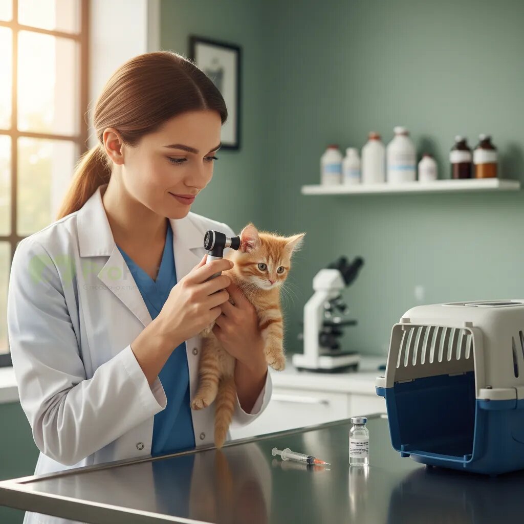 Ветеринарный врач осматривает котенка перед прививкой