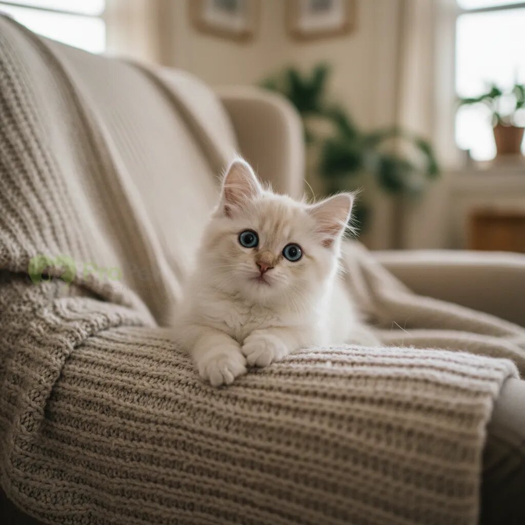 Маленький котенок смотрит в камеру, сидя на мягком пледе