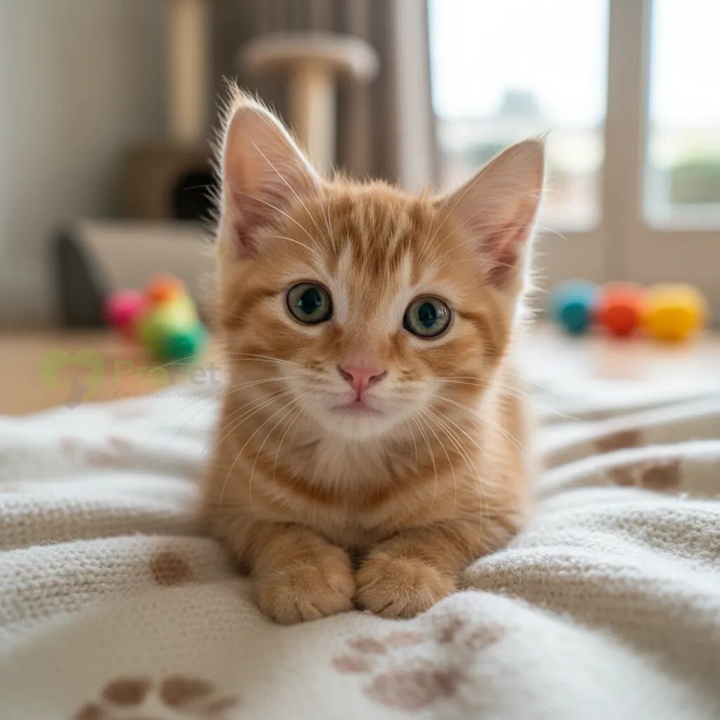 Котенок любопытно смотрит в камеру