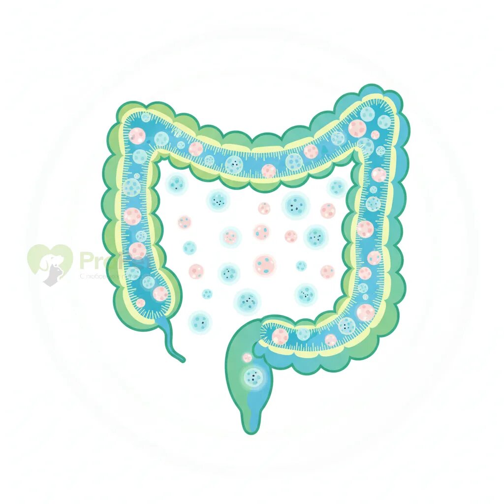 Схематичное изображение кишечника собаки с полезными бактериями.