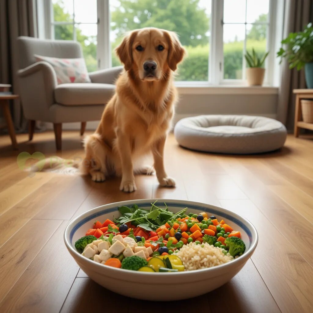 Собака с миской здоровой еды.