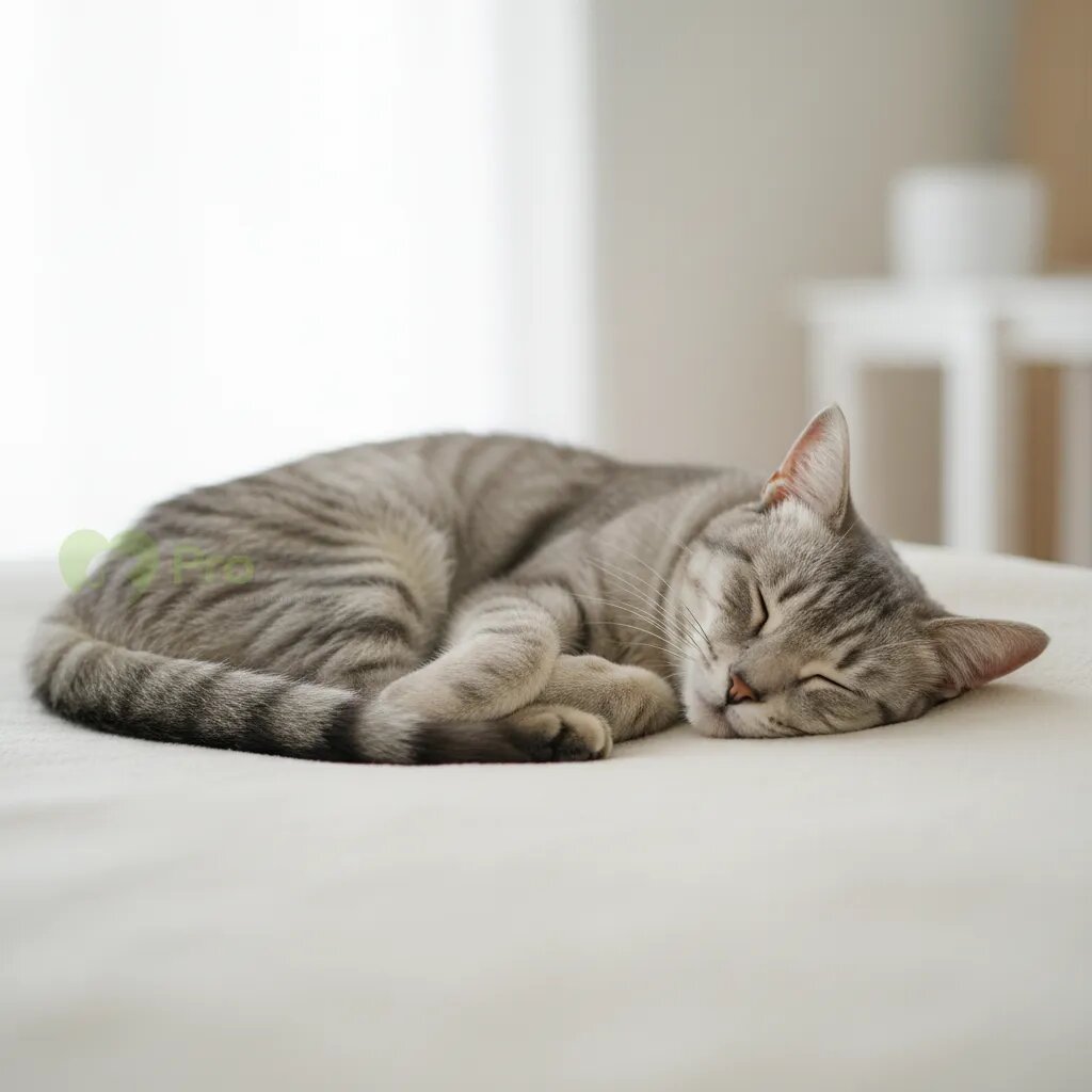 Спокойная кошка серого окраса отдыхает на светлом фоне