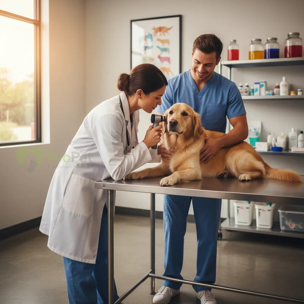 Ветеринар в клинике внимательно осматривает собаку на смотровом столе