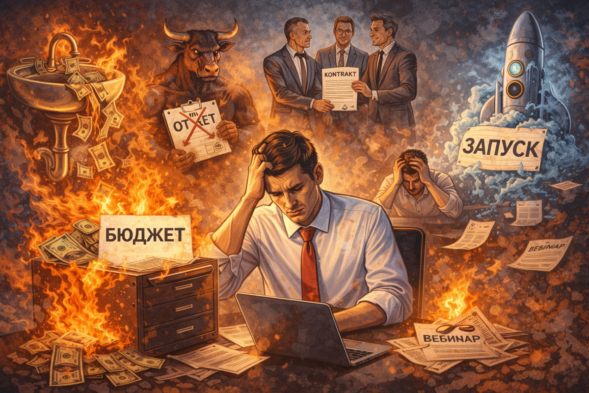 Иллюстрация показывает типичную ситуацию, в которой бизнес теряет деньги из-за системных ошибок в маркетинге: хаотичные решения, неуправляемые бюджеты, запуски без стратегии и ответственность, размытую между подрядчиками и собственником. Деньги «сгорают» не из-за отсутствия рекламы, а из-за отсутствия управляемой системы.